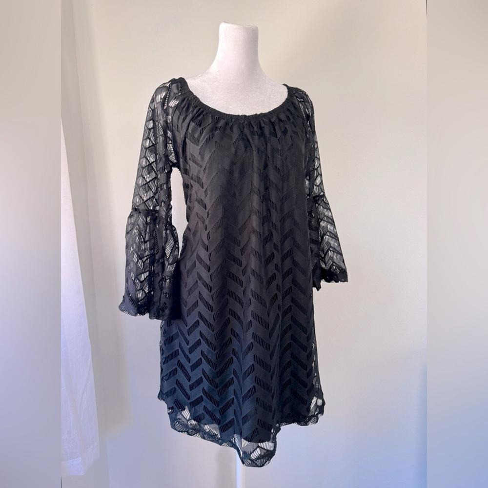 Voll Black Mesh Scoop Neck 3/4 Bell Sleeve Mini Dress